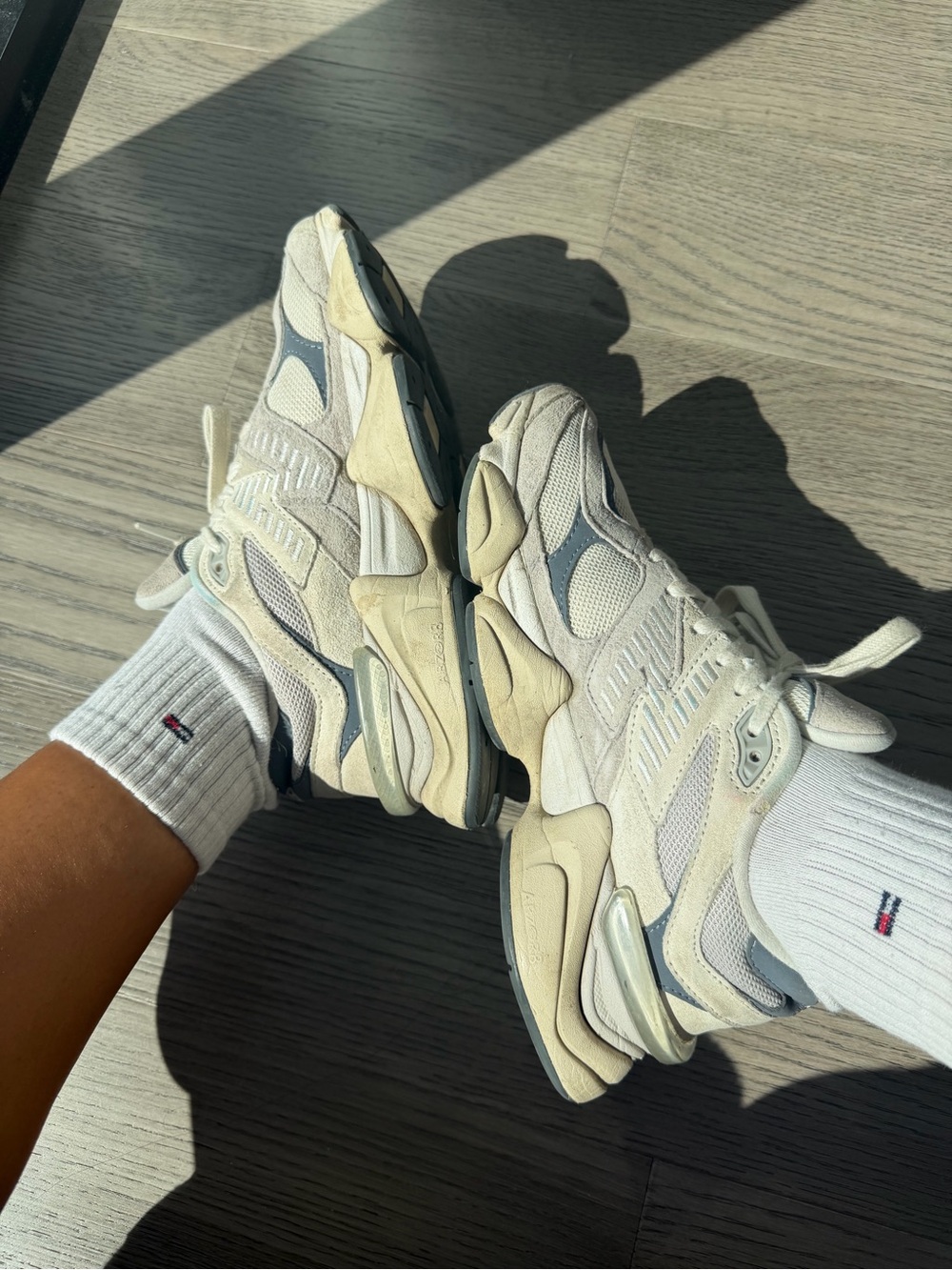 9060 New Balance Women's Cream and Gray Retro Chunky Sneakers